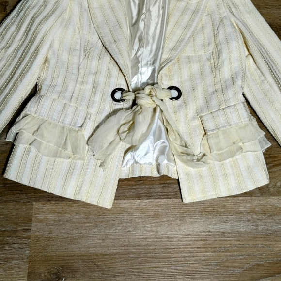 Vintage Feline Blazer Medium Ivory Shimmer Stripe Coquette Dollette Ruffle Y2K - Picture 4 of 10